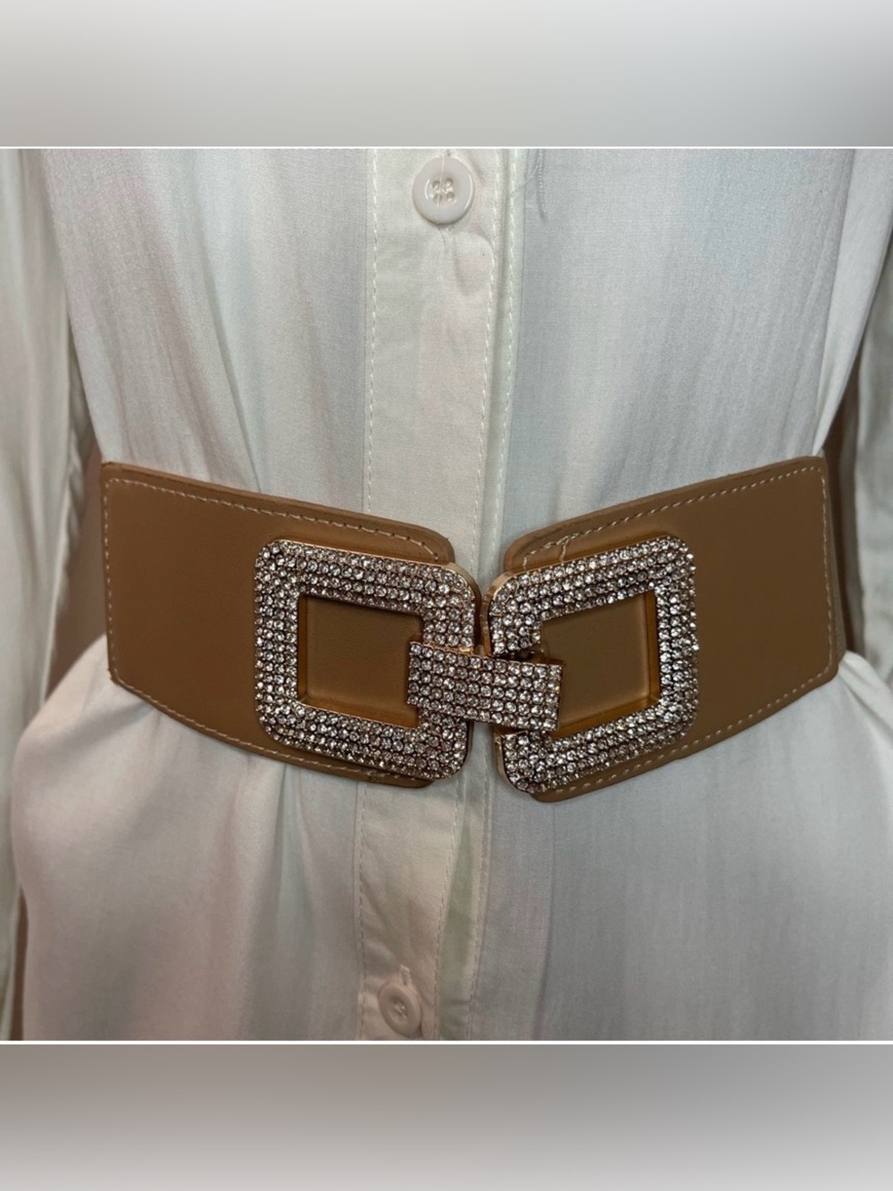Brown PU leather buckle with rhinestones details elastic waistband belt